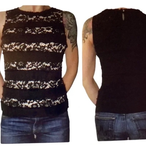 J. Crew NWOT Black Tweed Lace Overlay Sleeveless Top Blouse Medium Fully Lined - Picture 3 of 15